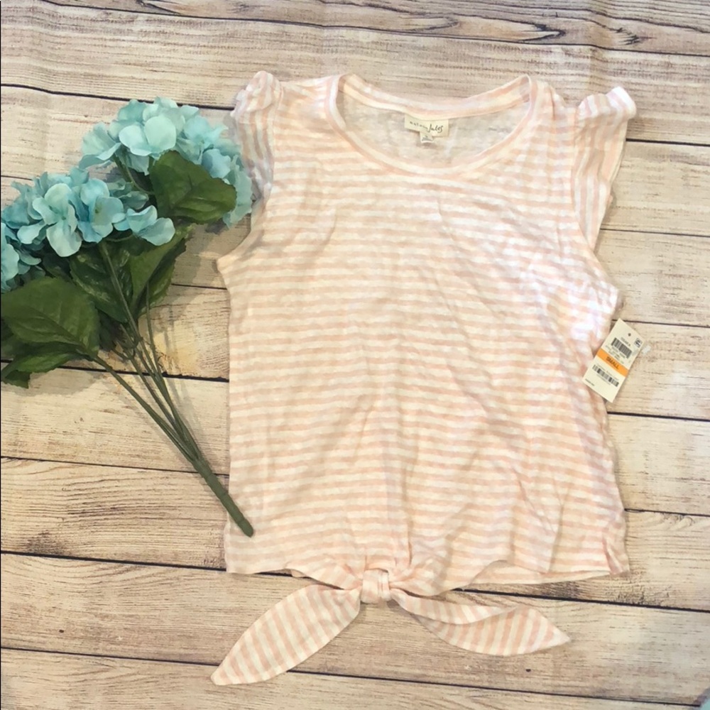 Pink and White Striped tie front top with ruffle sleeve